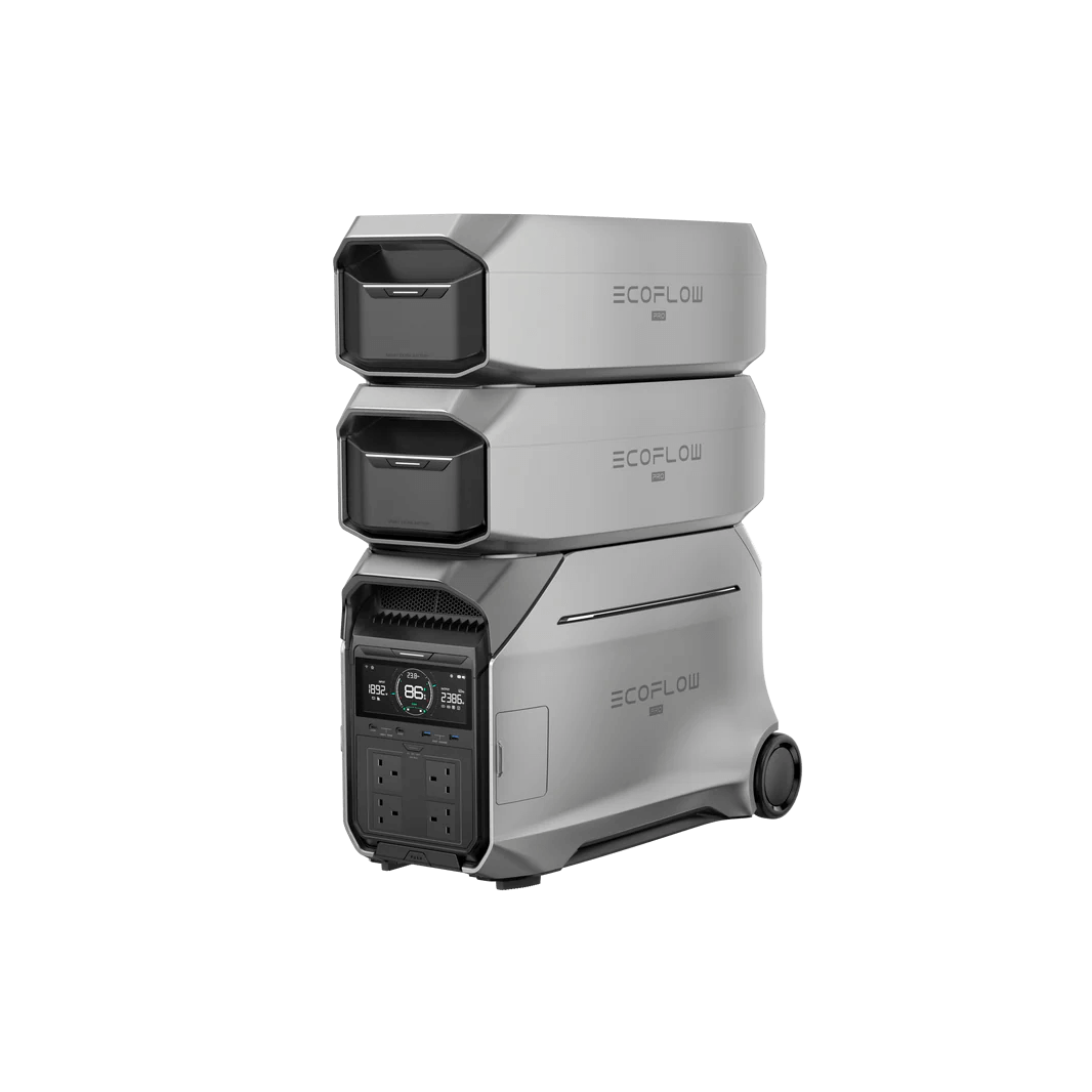 EcoFlow DELTA Pro 3 Portable Power Station stacked with two extra batteries, with transparent background