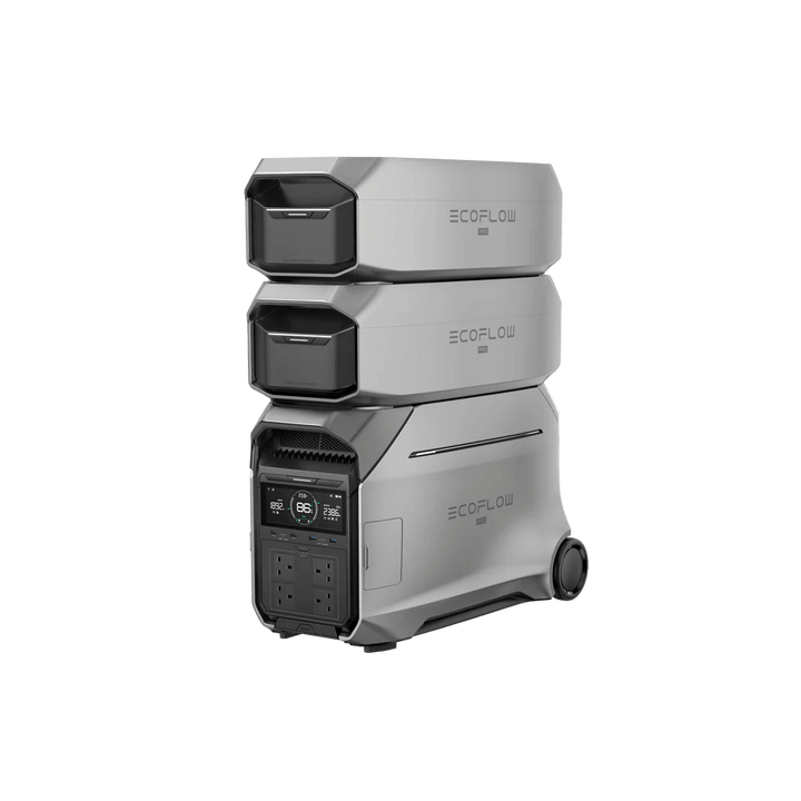 EcoFlow DELTA Pro 3 Portable Power Station stacked with two extra batteries, with transparent background