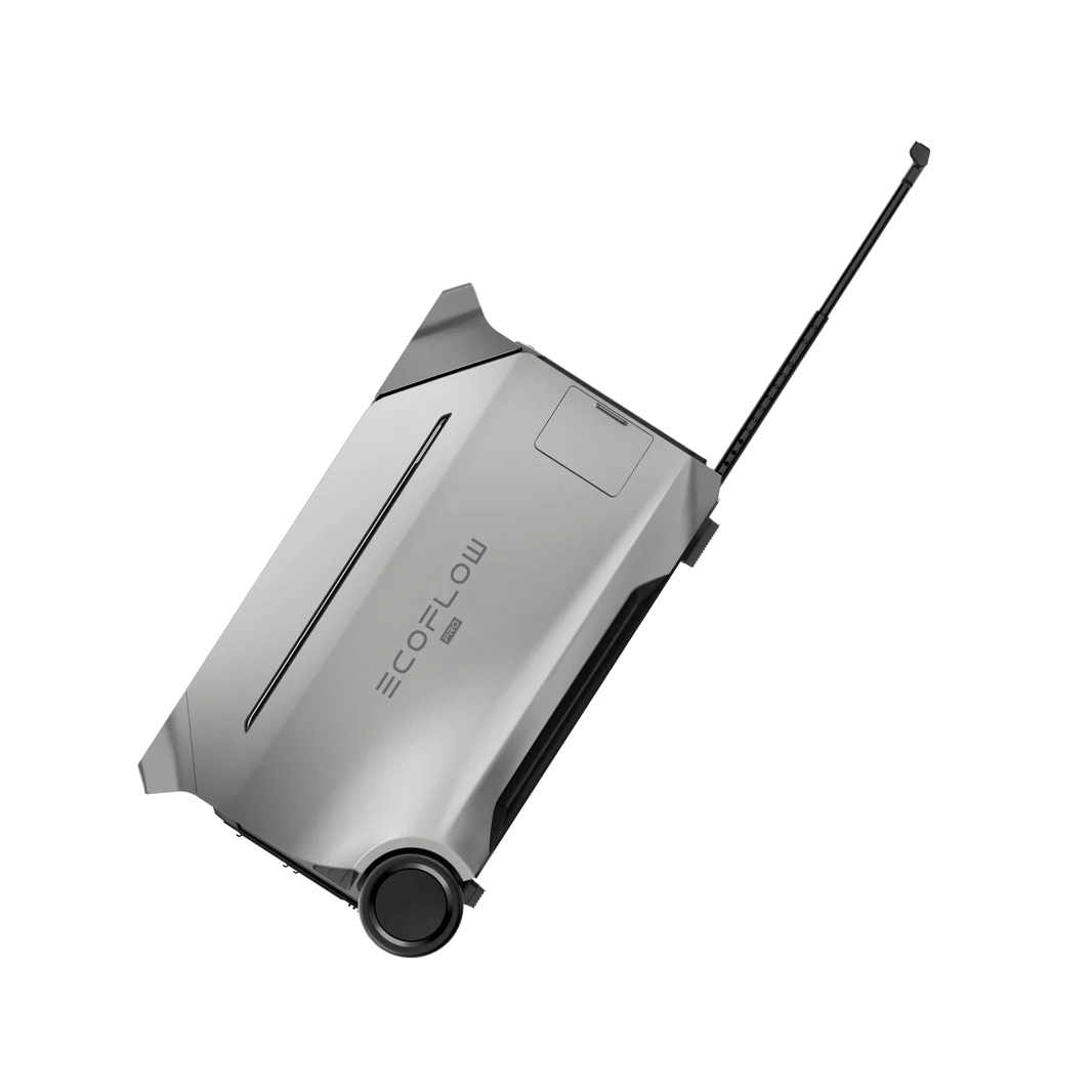 EcoFlow DELTA Pro 3 Portable Power Station tilted diagonally with handle extended, with a clear background