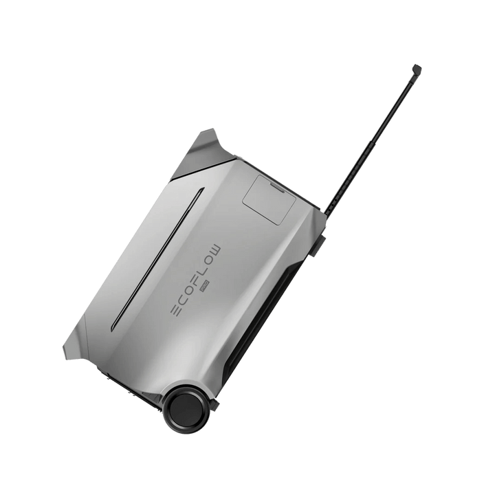 EcoFlow DELTA Pro 3 Portable Power Station tilted diagonally with handle extended, with a clear background