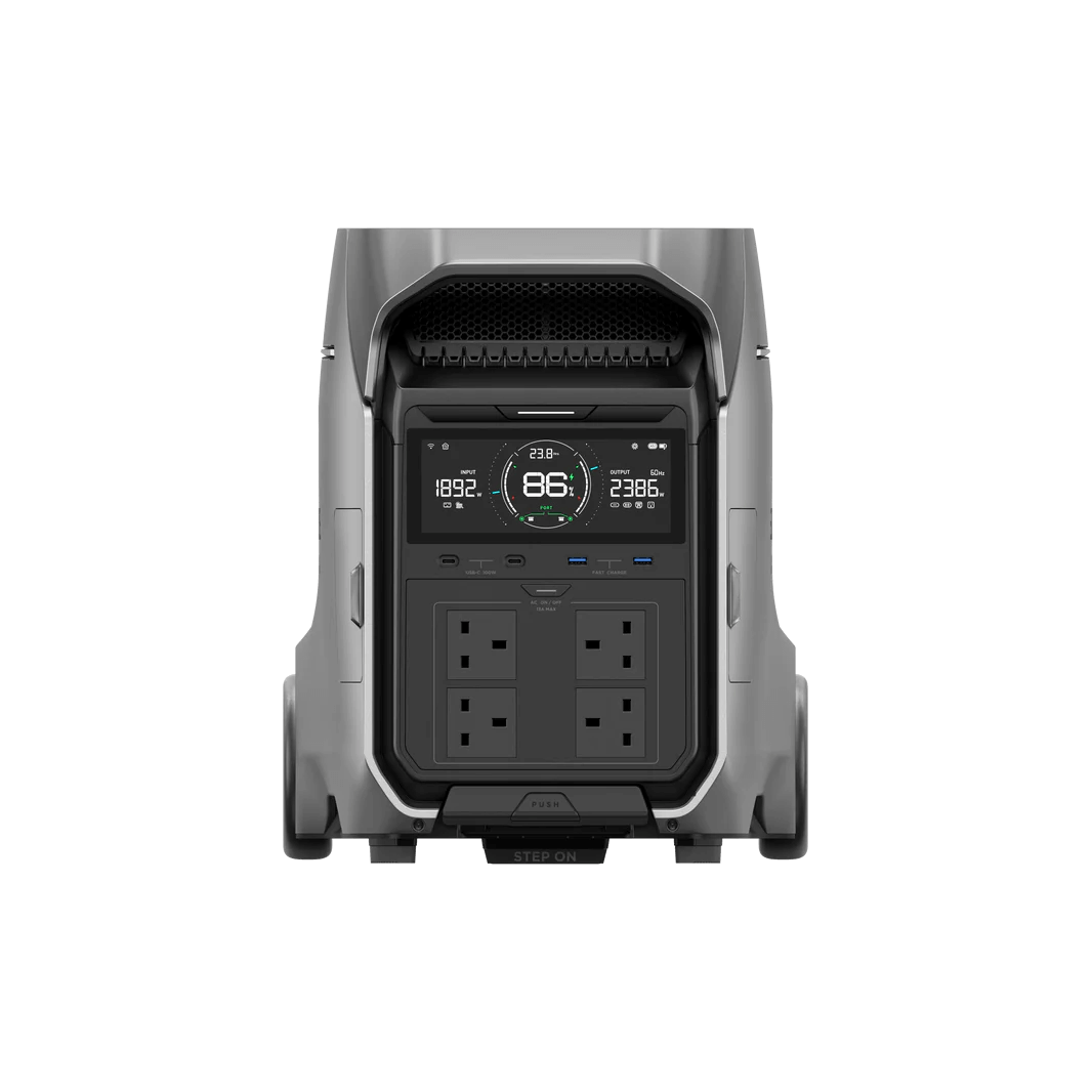 Frontal view of EcoFlow DELTA Pro 3 with all AC ports and digital screen display, shown on a transparent background