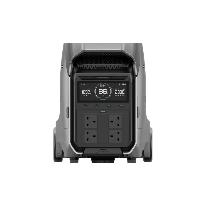Frontal view of EcoFlow DELTA Pro 3 with all AC ports and digital screen display, shown on a transparent background