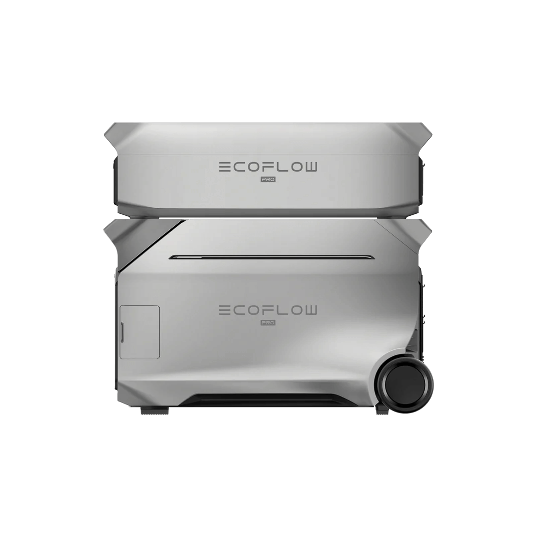 Side view of the EcoFlow DELTA Pro 3 with a single Smart Extra Battery mounted, featuring the built-in wheel and sleek side handle, with transparent background