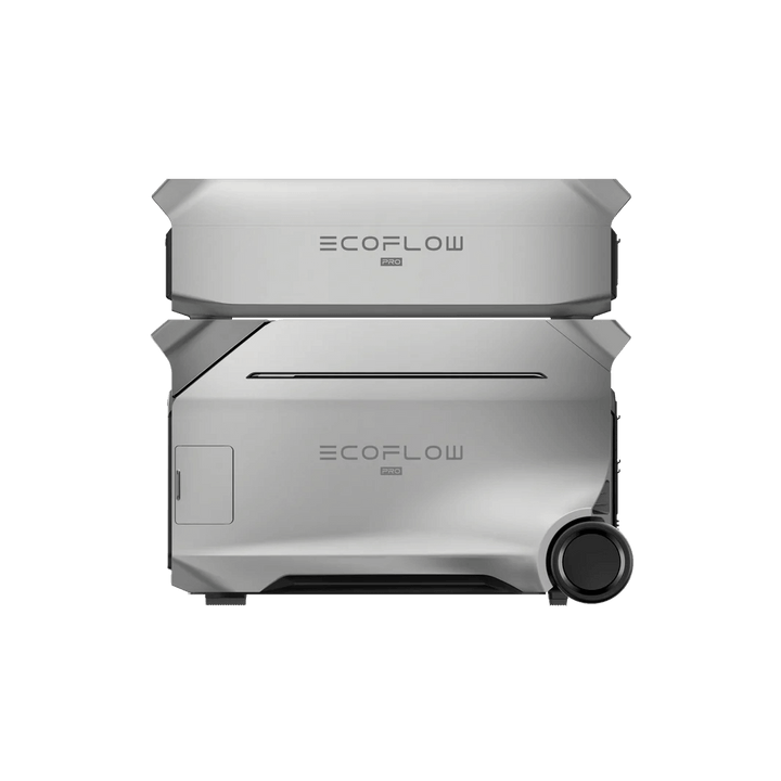 Side view of the EcoFlow DELTA Pro 3 with a single Smart Extra Battery mounted, featuring the built-in wheel and sleek side handle, with transparent background