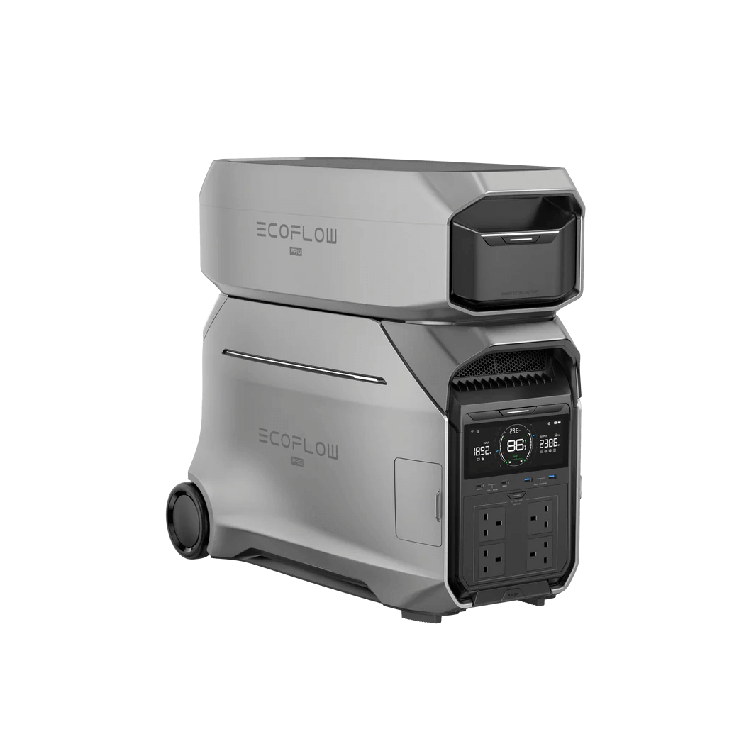 Angled front view of the EcoFlow DELTA Pro 3 with one Smart Extra Battery attached, displaying the power interface, with transparent background.
