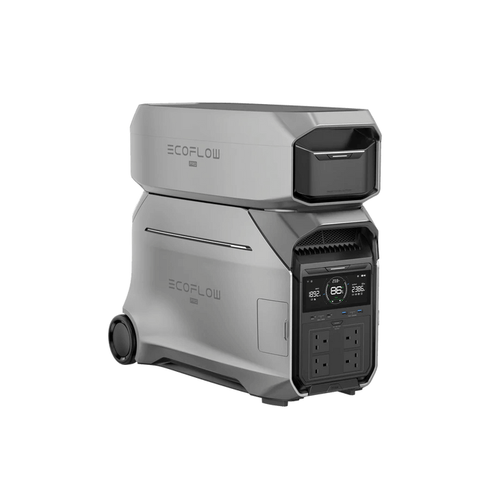 Angled front view of the EcoFlow DELTA Pro 3 with one Smart Extra Battery attached, displaying the power interface, with transparent background.
