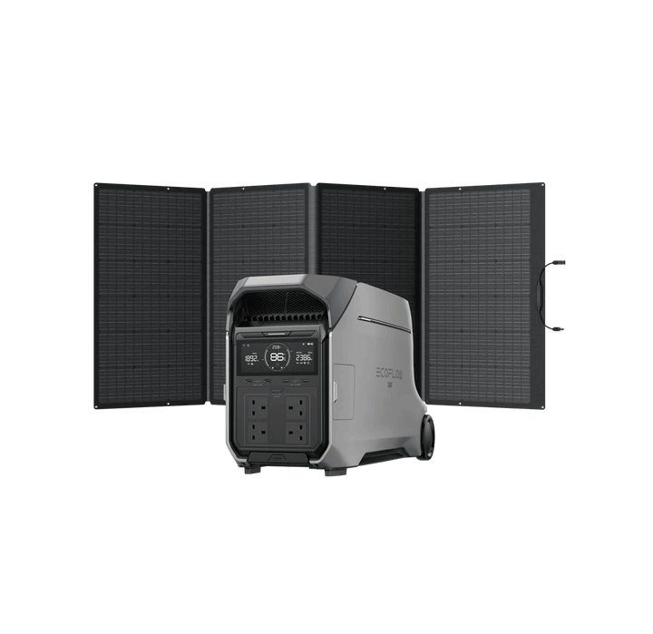 EcoFlow DELTA Pro 3 Portable Power Station connected to foldable solar panels, with a transparent background