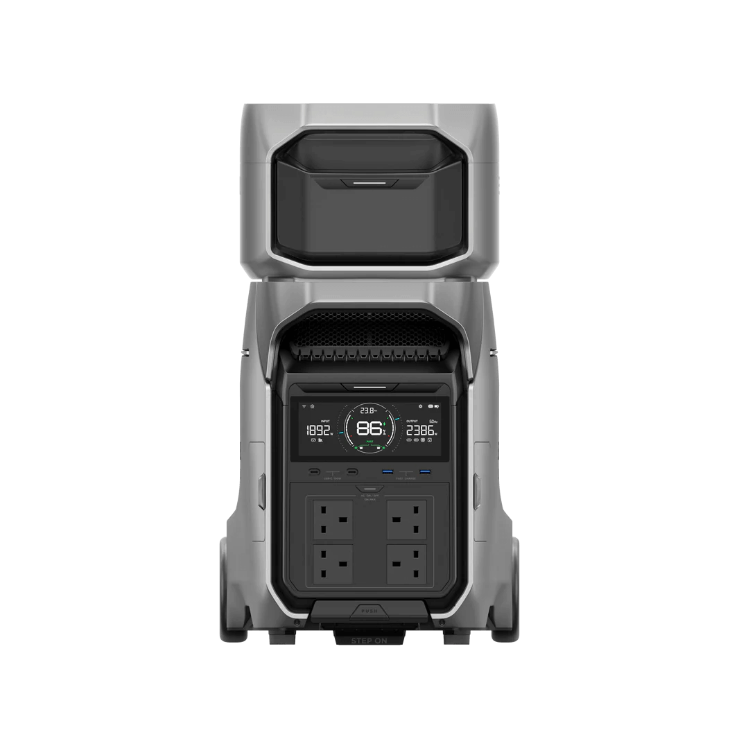 Direct front view of the EcoFlow DELTA Pro 3 with Smart Extra Battery stacked, showing the full control panel with sockets and LCD display, with transparent background