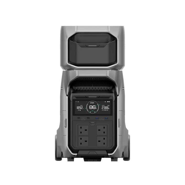 Direct front view of the EcoFlow DELTA Pro 3 with Smart Extra Battery stacked, showing the full control panel with sockets and LCD display, with transparent background