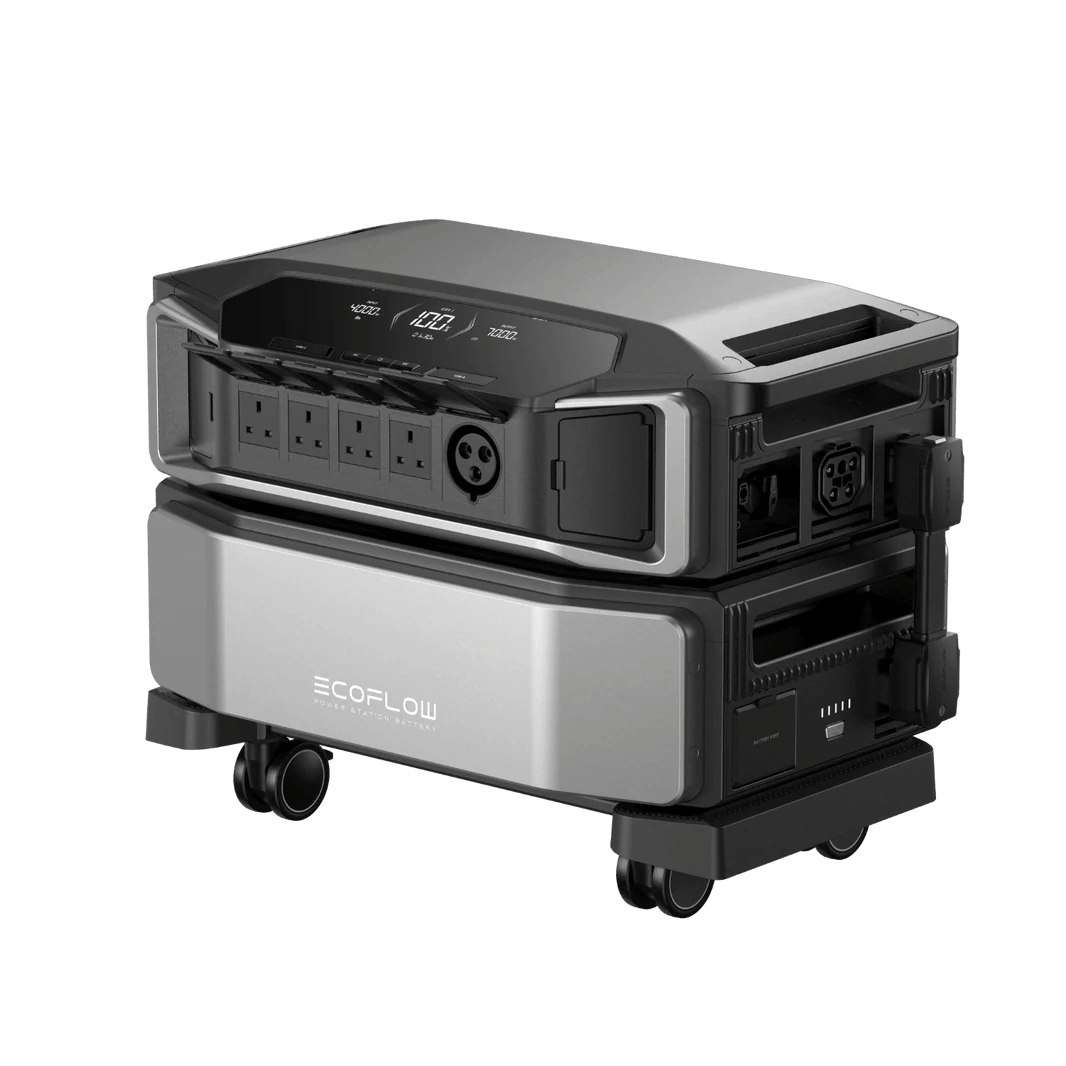 Rear side view of the EcoFlow Delta Pro Ultra with power sockets, wheels, and ventilation vents in focus, on a transparent background.