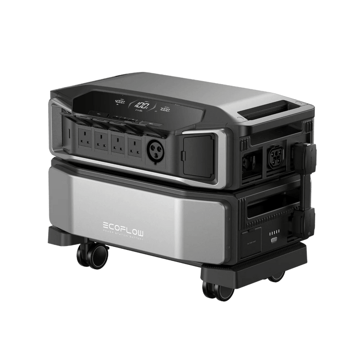 Rear side view of the EcoFlow Delta Pro Ultra with power sockets, wheels, and ventilation vents in focus, on a transparent background.