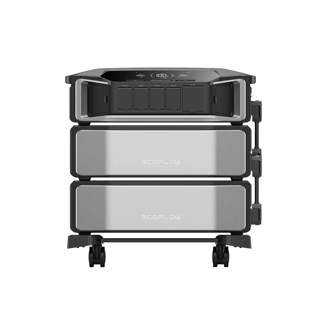 Front view of the EcoFlow Delta Pro Ultra double battery stack with top control panel and display, on a transparent background.