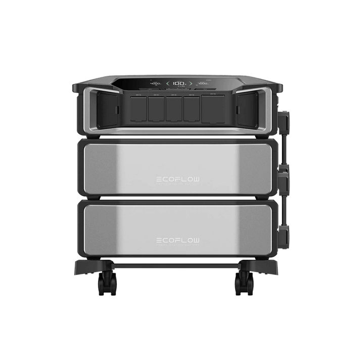Front view of the EcoFlow Delta Pro Ultra double battery stack with top control panel and display, on a transparent background.