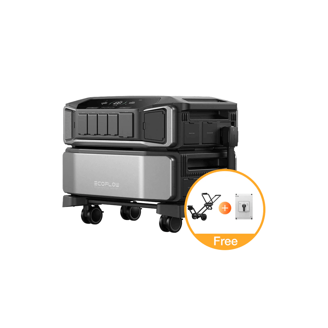EcoFlow Delta Pro Ultra portable battery unit with free rolling cart and smart home switch bundle, on a transparent background.