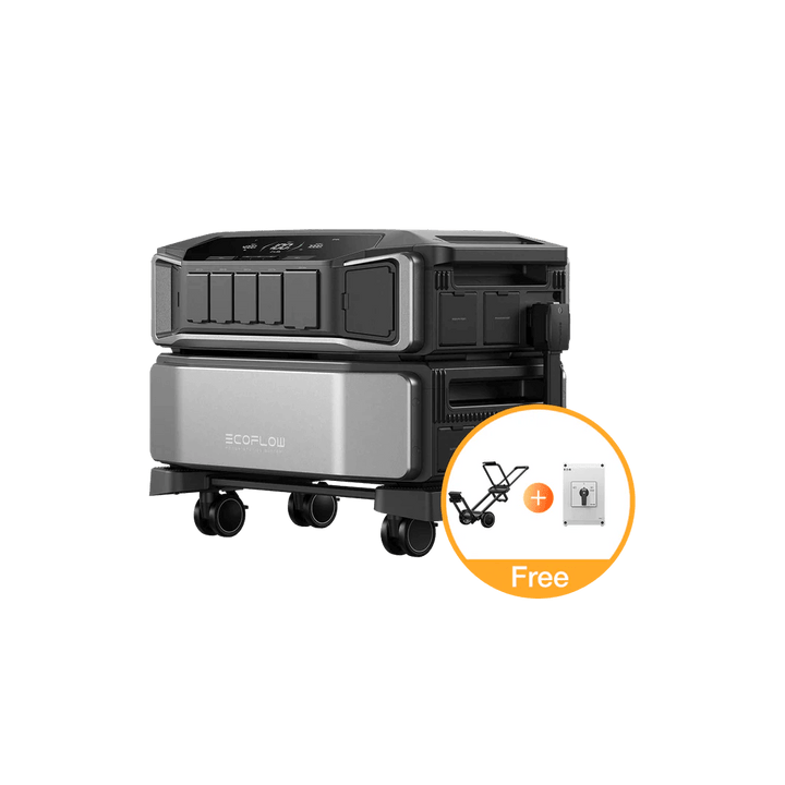 EcoFlow Delta Pro Ultra portable battery unit with free rolling cart and smart home switch bundle, on a transparent background.