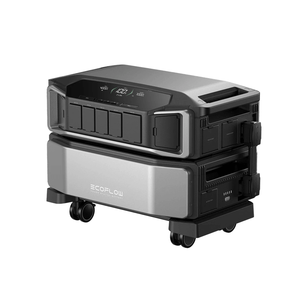 Angled side view of EcoFlow Delta Pro Ultra with visible handles, ports, and heavy-duty wheels, on a transparent background.