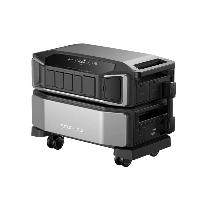 Angled side view of EcoFlow Delta Pro Ultra with visible handles, ports, and heavy-duty wheels, on a transparent background.