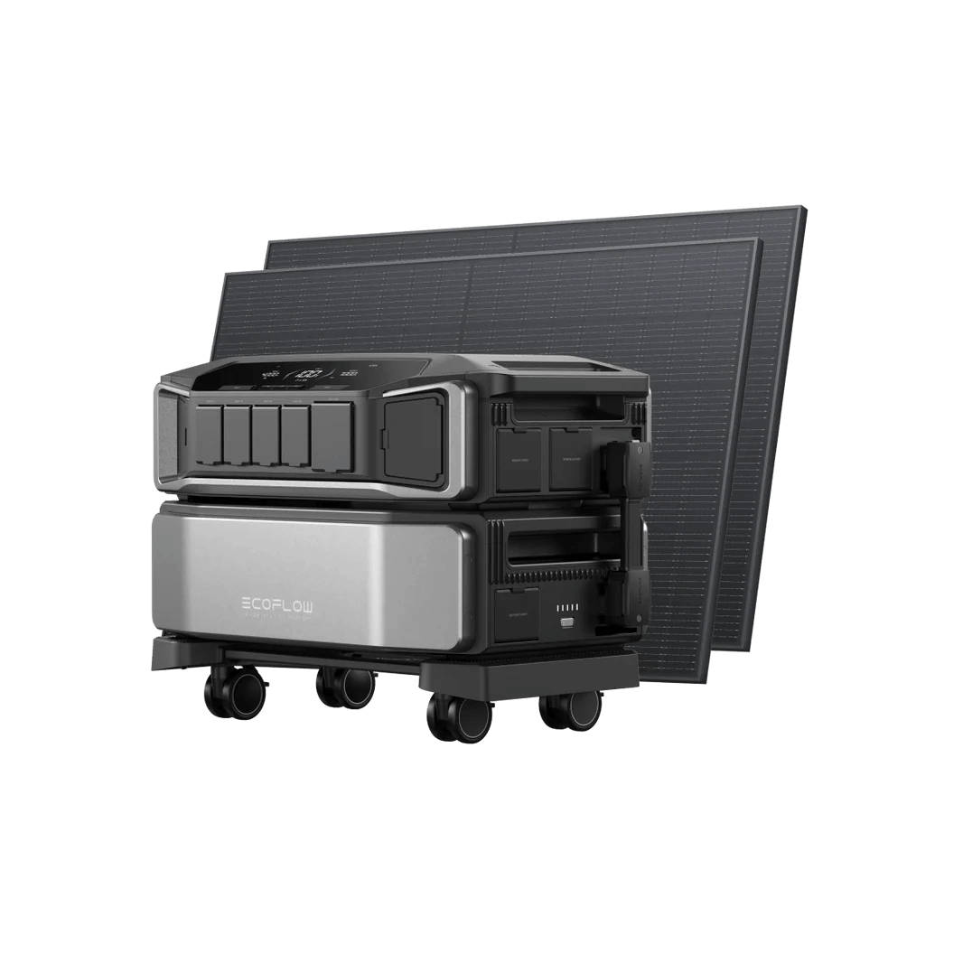 EcoFlow Delta Pro Ultra system displayed with a solar panel array behind it, illustrating solar charging capability, on a transparent background.