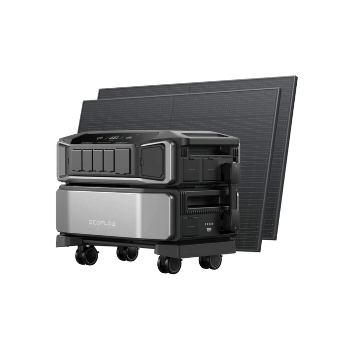 EcoFlow Delta Pro Ultra system displayed with a solar panel array behind it, illustrating solar charging capability, on a transparent background.