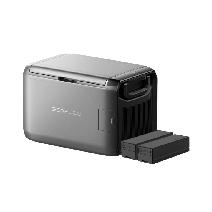 EcoFlow Glacier Classic portable fridge freezer with removable battery packs on a transparent background.