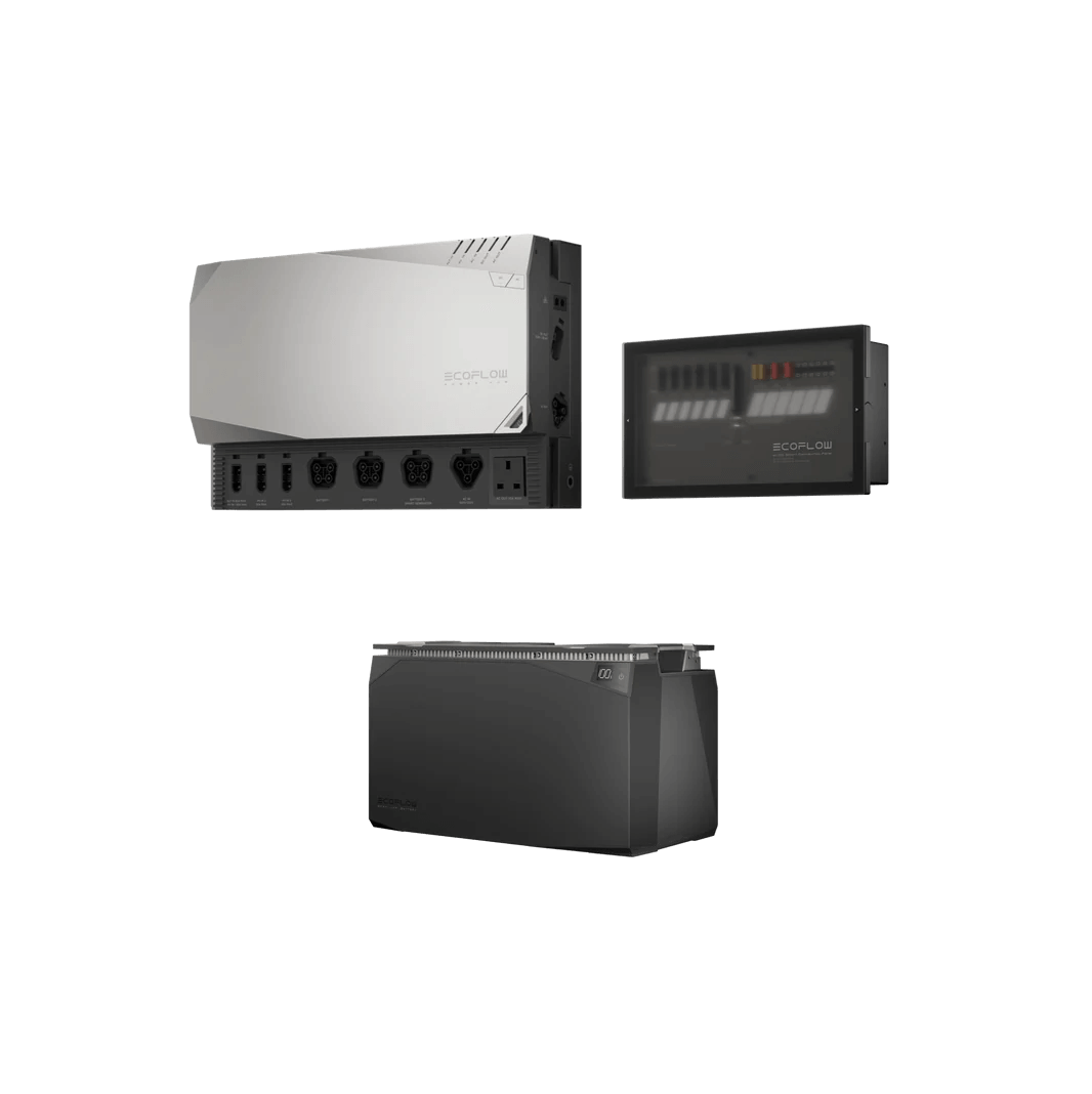 EcoFlow 5kWh Power Kit featuring the Power Hub, Smart Distribution Panel, and a single battery, with a transparent background.