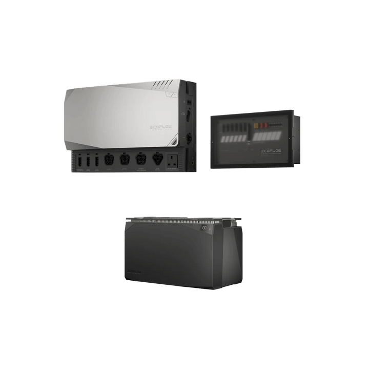 EcoFlow 5kWh Power Kit featuring the Power Hub, Smart Distribution Panel, and a single battery, with a transparent background.