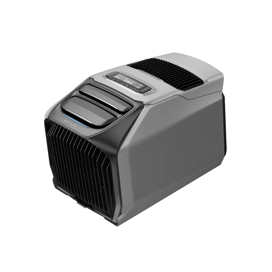 Angled product shot of the EcoFlow WAVE 3 portable air conditioner showing the top control panel and vent design, on a transparent background