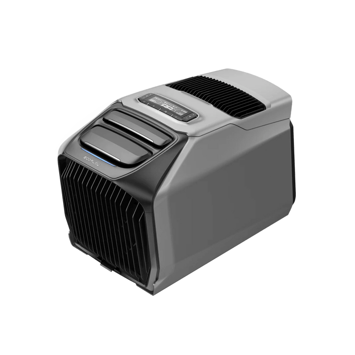 Angled product shot of the EcoFlow WAVE 3 portable air conditioner showing the top control panel and vent design, on a transparent background
