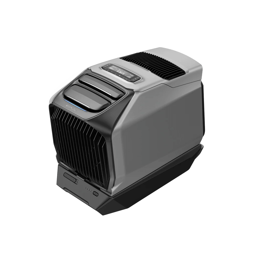 Angled view of the EcoFlow WAVE 3 portable air conditioner with extended battery pack attached, on a transparent background.
