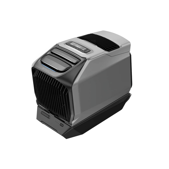 Angled view of the EcoFlow WAVE 3 portable air conditioner with extended battery pack attached, on a transparent background.