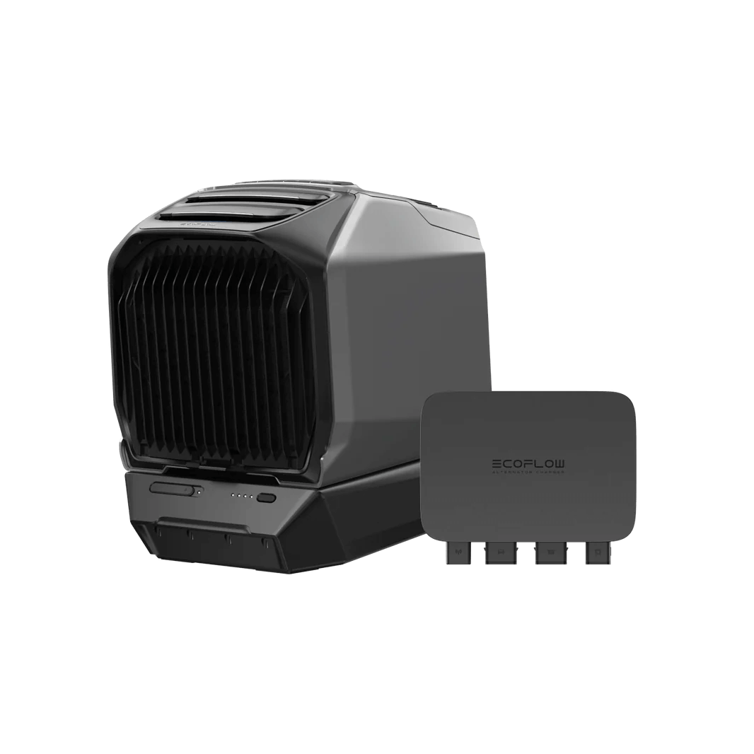 EcoFlow WAVE 3 portable air conditioner with its external battery pack positioned beside it, on a transparent background.