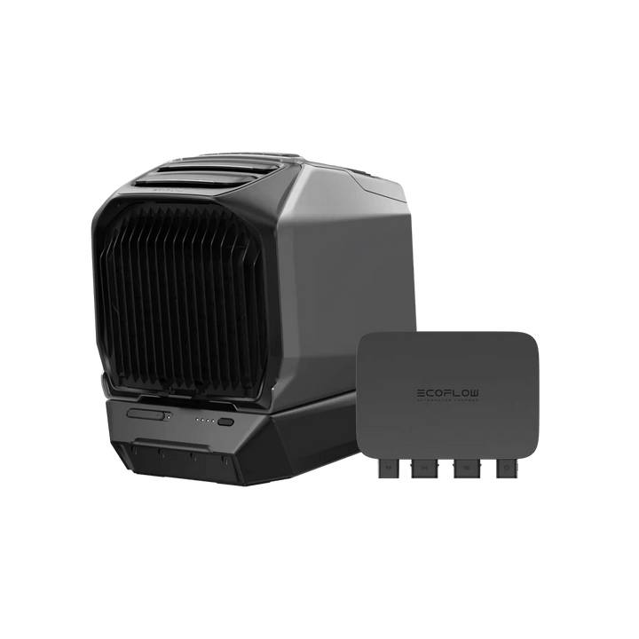 EcoFlow WAVE 3 portable air conditioner with its external battery pack positioned beside it, on a transparent background.