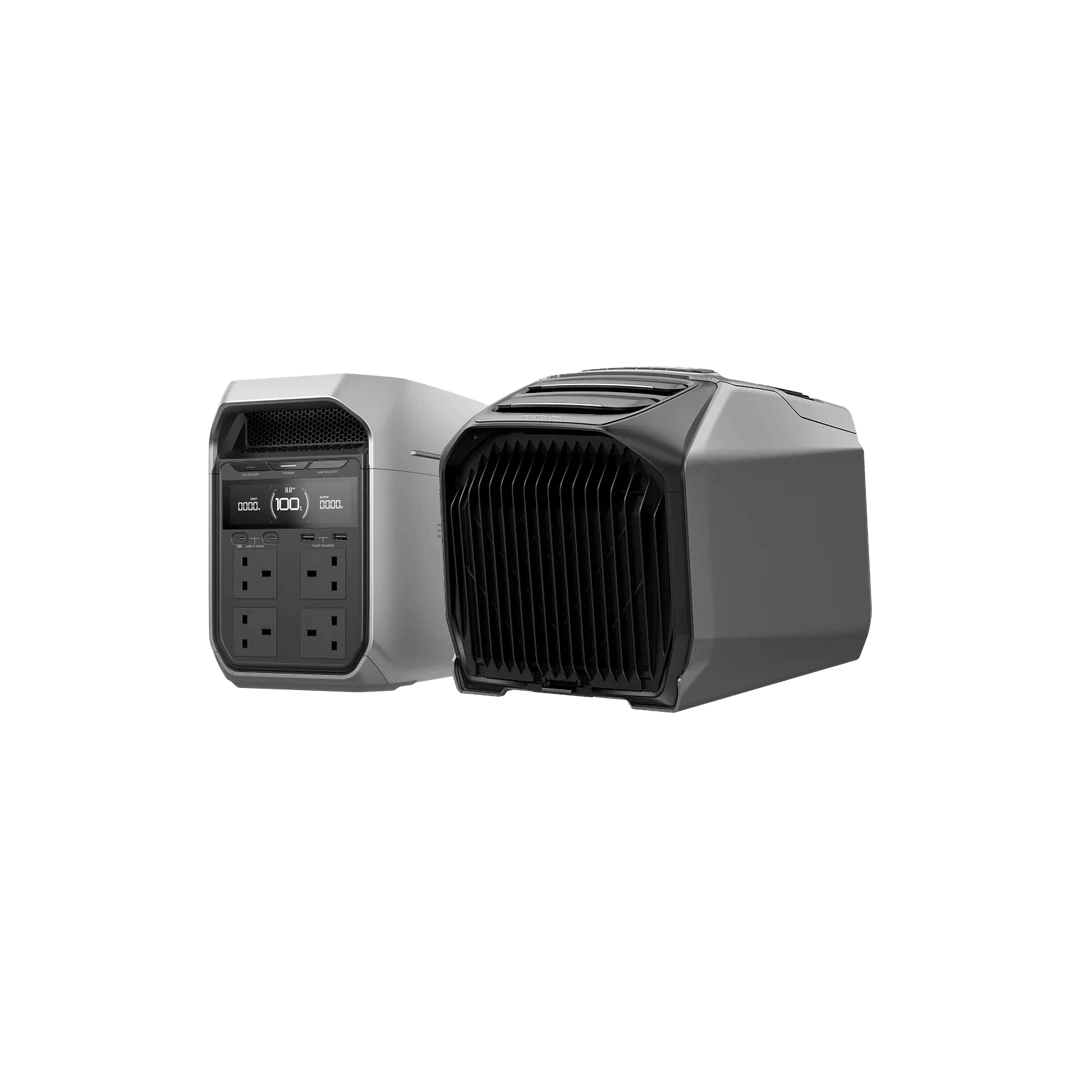 EcoFlow WAVE 3 portable air conditioner next to a power station unit showing power outlets and display screen, on a transparent background.
