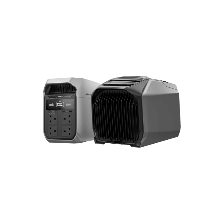 EcoFlow WAVE 3 portable air conditioner next to a power station unit showing power outlets and display screen, on a transparent background.