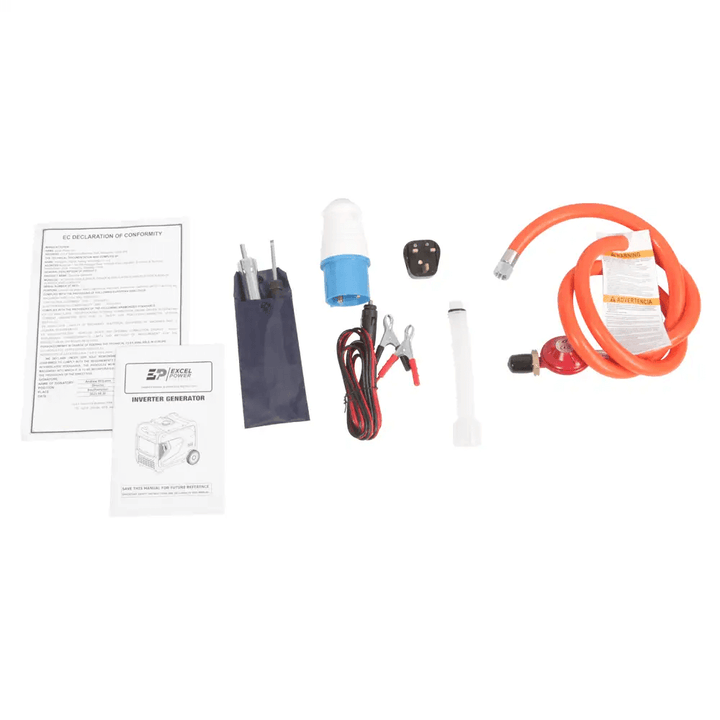 Accessories included with the Excel Power XL6000i-DF generator laid out on a white background, featuring gas hose, regulator, jumper cables, tools, adapter, manual, and EC declaration.