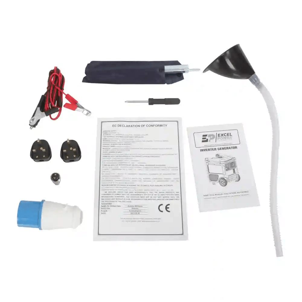 Accessories included with the Excel Power XL10000i generator laid out on a white background, featuring funnel, leads, adapters, screwdriver, and manuals.
