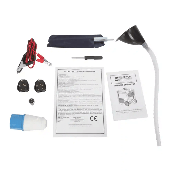 Accessories included with the Excel Power XL10000i generator laid out on a white background, featuring funnel, leads, adapters, screwdriver, and manuals.