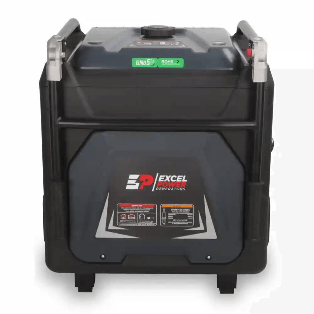 Rear view of Excel Power XL10000i petrol generator showing branded panel and compact design on a white background.