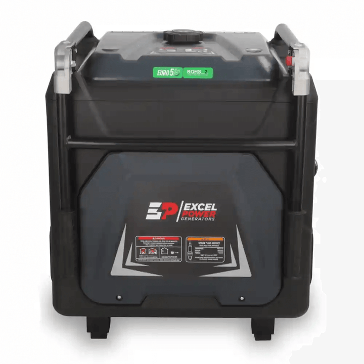 Rear view of Excel Power XL10000i petrol generator showing branded panel and compact design on a white background.