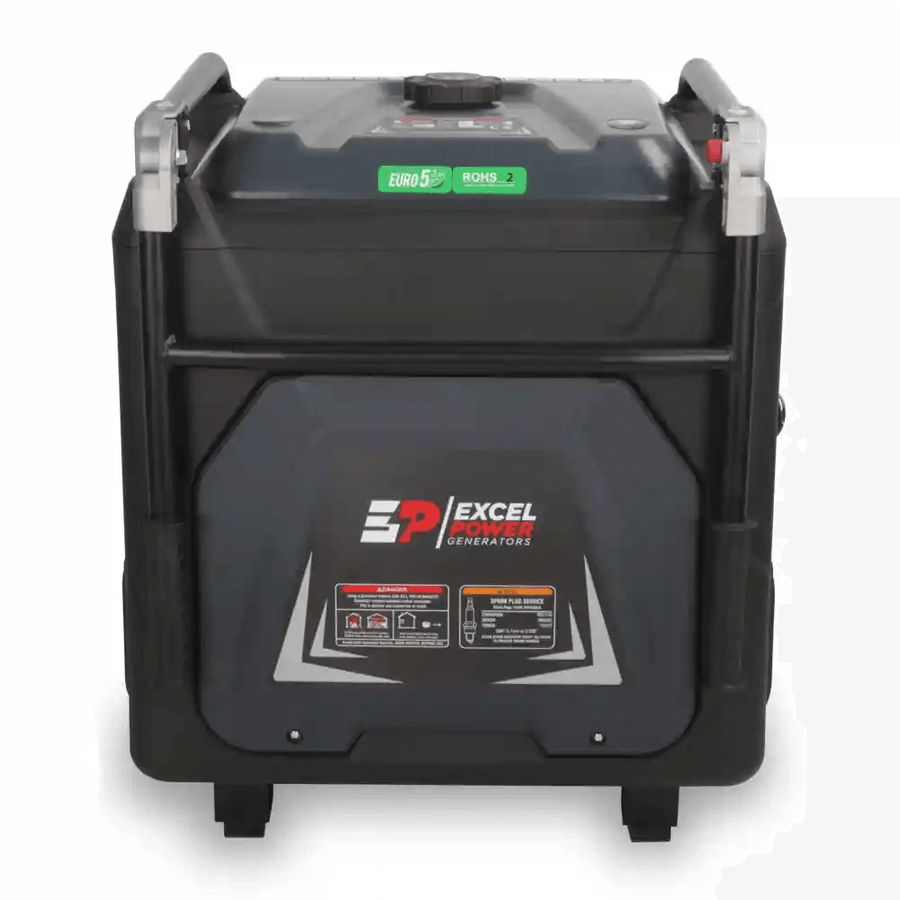 Rear view of Excel Power XL10000i petrol generator showing branded panel and compact design on a white background.