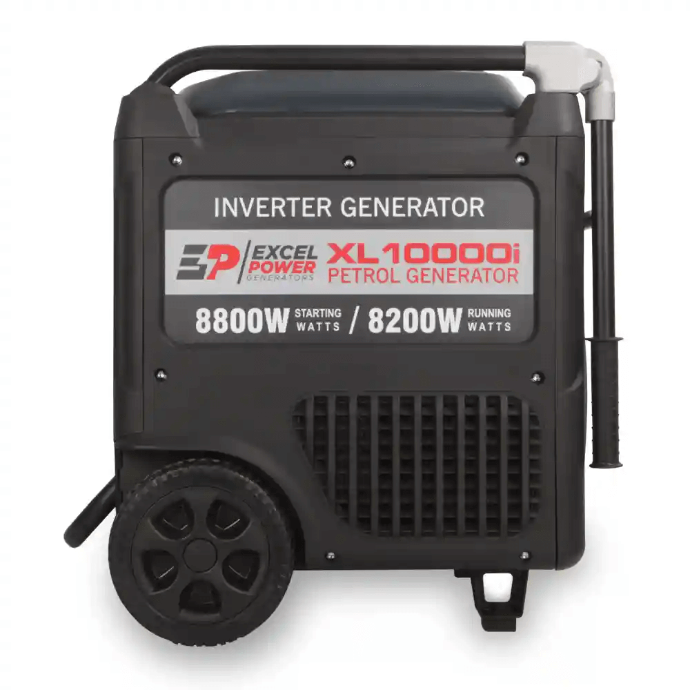 Side view of Excel Power XL10000i inverter petrol generator showing 8800W starting and 8200W running watt label on a white background.