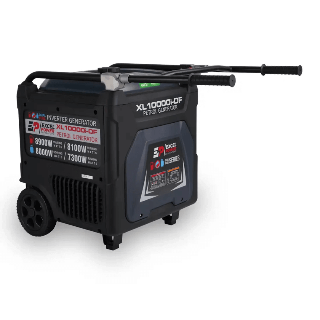 Excel Power XL10000i-DF portable generator with extended pull handles on a white background.