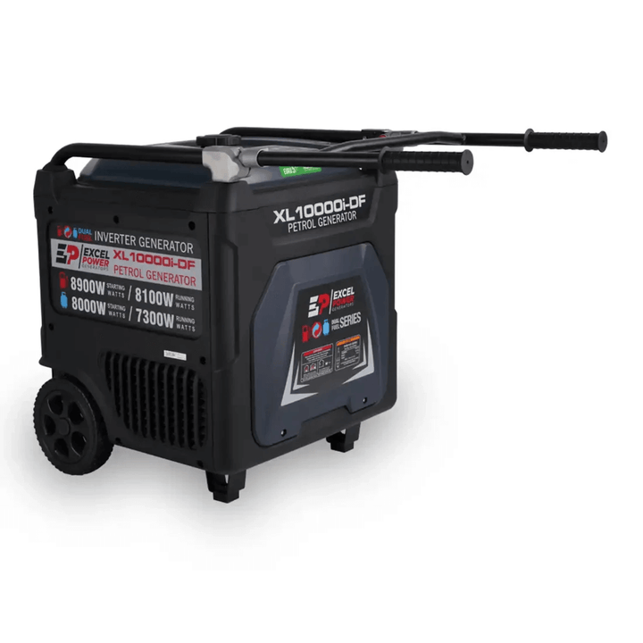 Excel Power XL10000i-DF portable generator with extended pull handles on a white background.