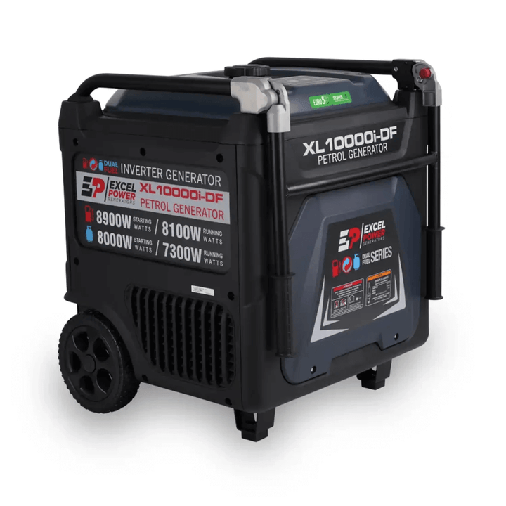 Excel Power XL10000i-DF generator on a white background, showcasing dual-fuel label and rugged wheels.