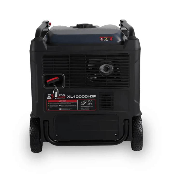 Rear view of Excel Power XL10000i-DF generator on a white background with air intake vent and red key switch.