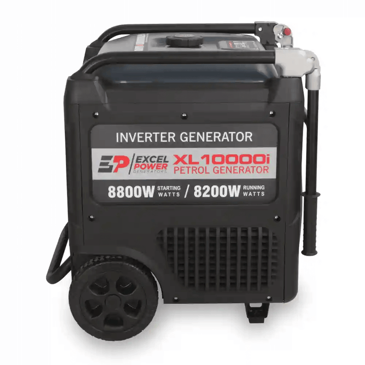 Full side view of Excel Power XL10000i petrol inverter generator with extended pull handle on a white background.