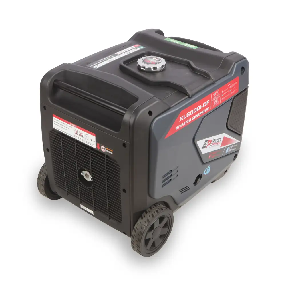 Excel Power XL6000i-DF inverter generator rear and right-side view highlighting fuel cap, wheels, and ventilation on a white background.