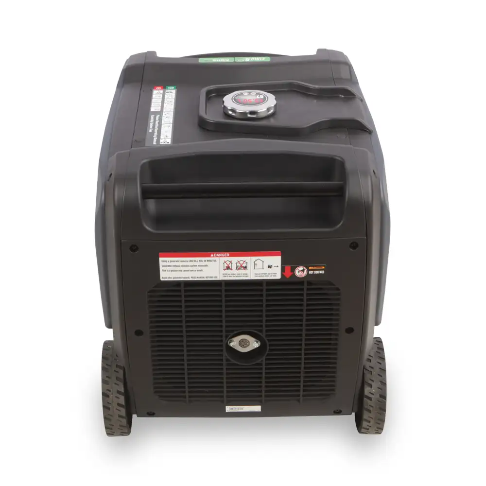 Back view of Excel Power XL6000i-DF generator showing rear ventilation and carry handle on a white background.