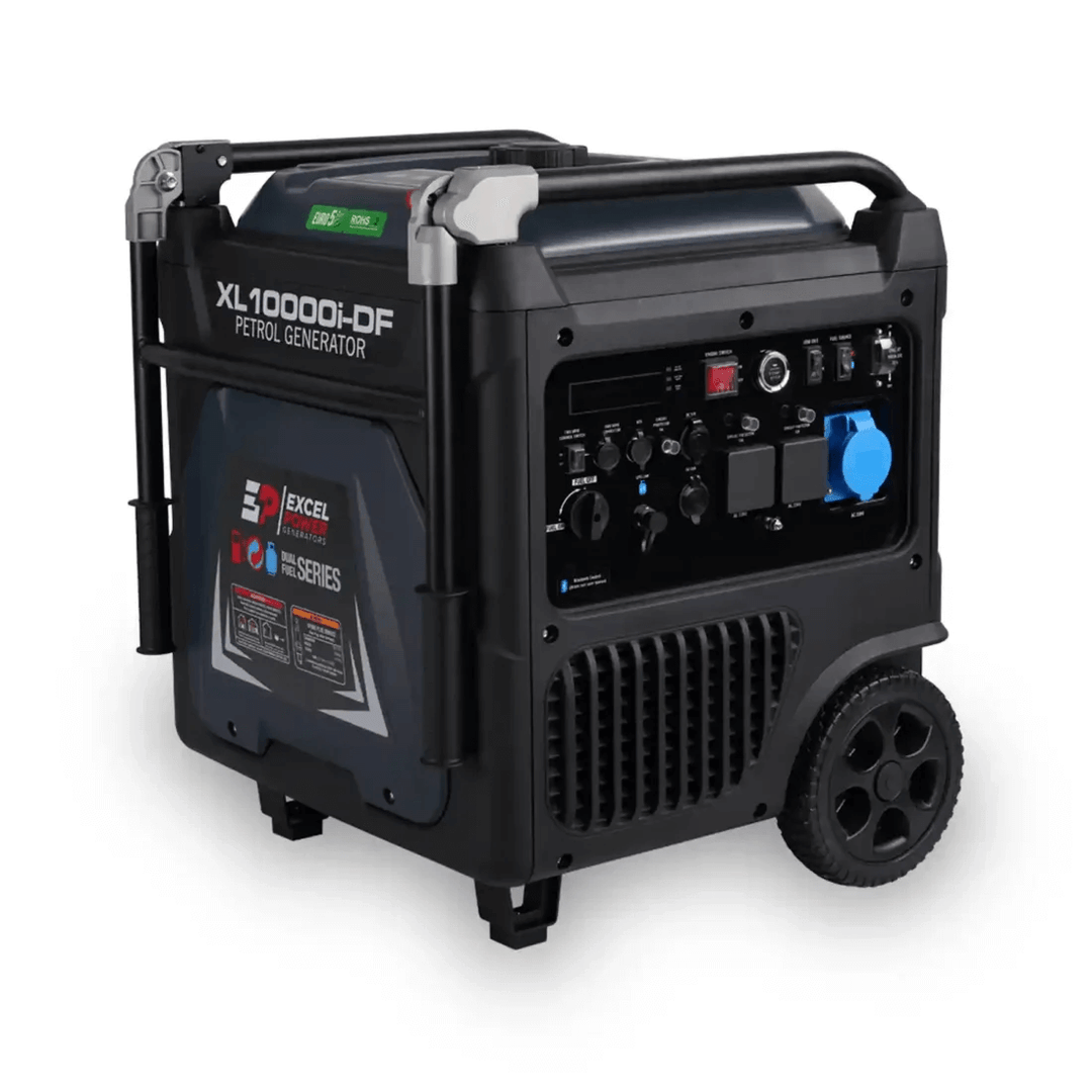 Excel Power XL10000i-DF dual-fuel generator on a white background with visible control panel and socket layout.