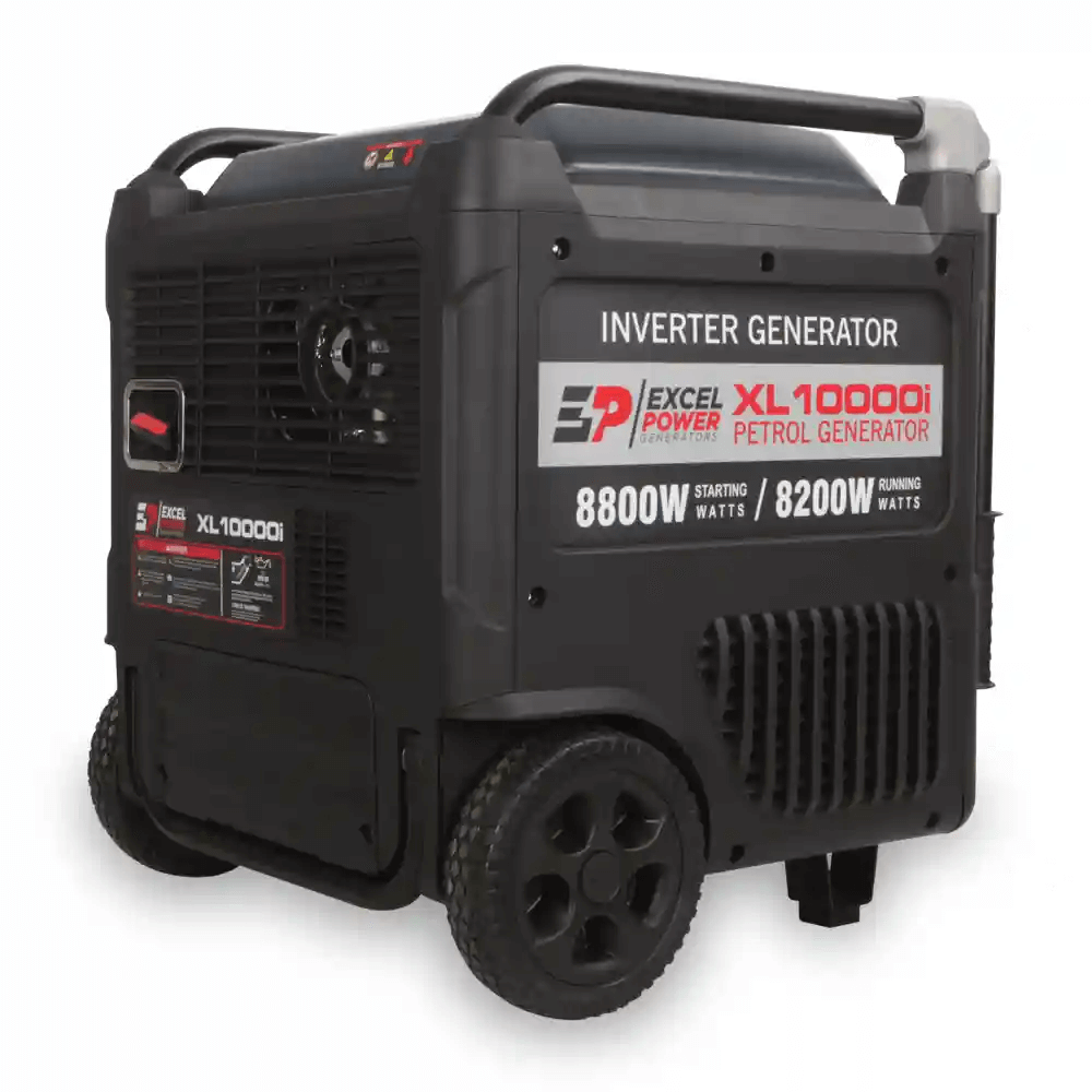 Angled view of Excel Power XL10000i petrol generator showing branded panel and venting system on a white background.